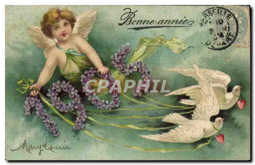 Cupid mit Lilie und Tauben — Frohes Neues Jahr — Verlag Marydorice - Vorderseite
