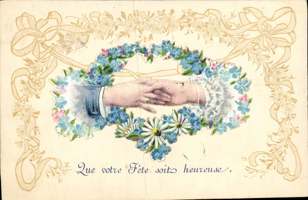 Mão estendida em uma coroa de flores — Que sua Festa seja feliz — editor desconhecido - Frente