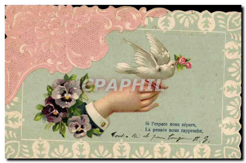 Pomba com flores — mão segurando pensamentos — cartão postal impresso na Alemanha - Frente