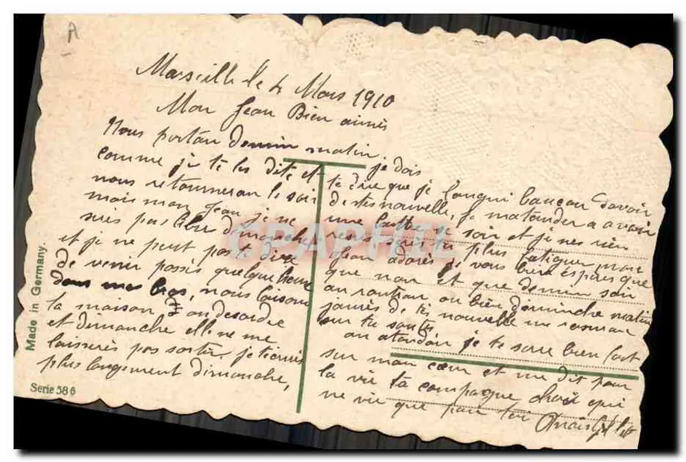 Pomba com flores — mão segurando pensamentos — cartão postal impresso na Alemanha - Verso