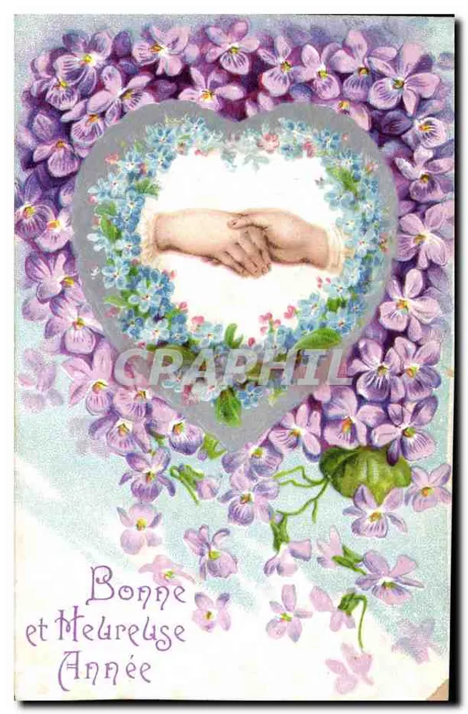 Duas mãos unidas em um coração — violetas e flores azuis — K.F. editores, Pau, Série 0.1802 - Frente