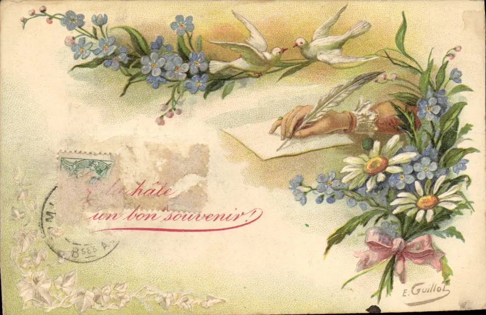Duas pombas e flores — lembrança — E. GuilloT - Frente