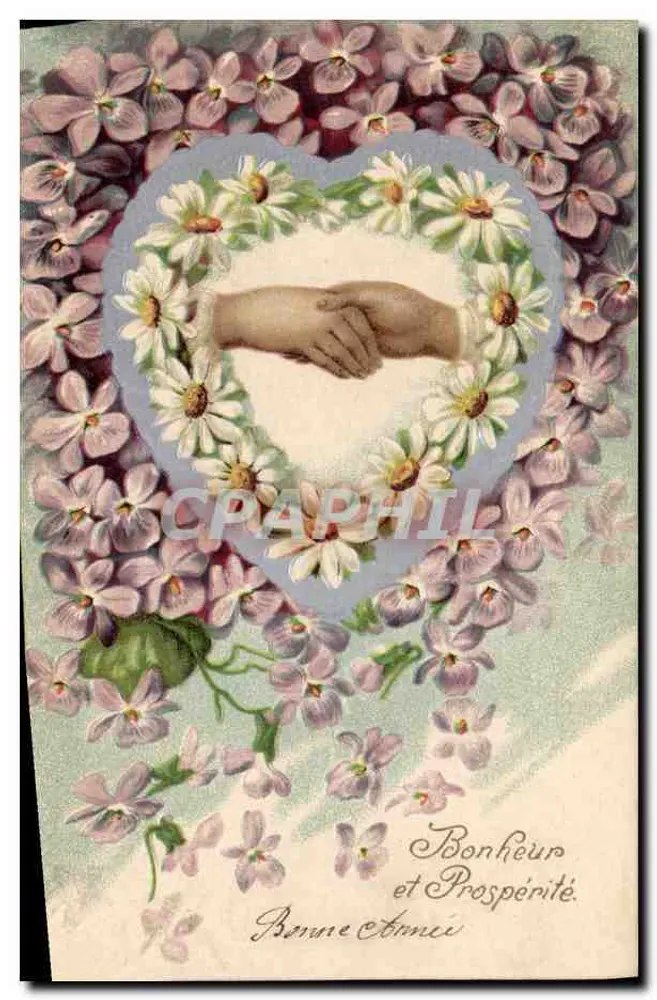 Mão apertada em um coração de flores — Felicidade e Prosperidade — Série 1286, R. F. Éditeurs, Paris - Frente