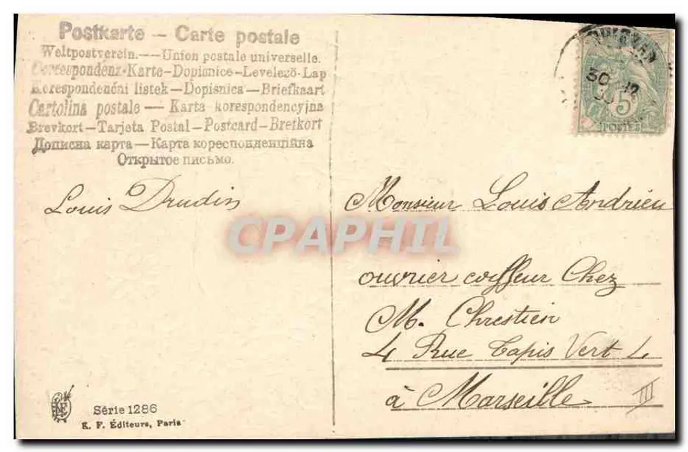 Mão apertada em um coração de flores — Felicidade e Prosperidade — Série 1286, R. F. Éditeurs, Paris - Verso