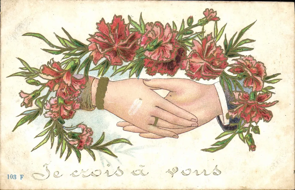 Duas mãos unidas cercadas de flores de margarida — Je crois à vous — n° 103 F - Frente