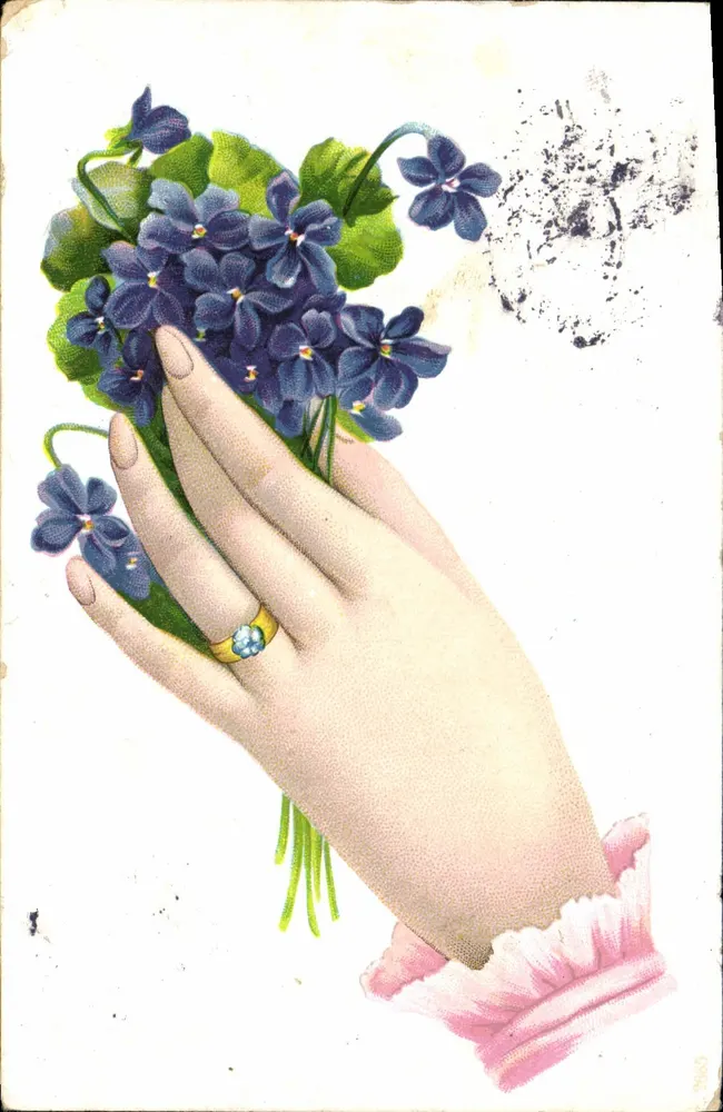Mão segurando um buquê de violetas — editor desconhecido, número de série não visível - Frente