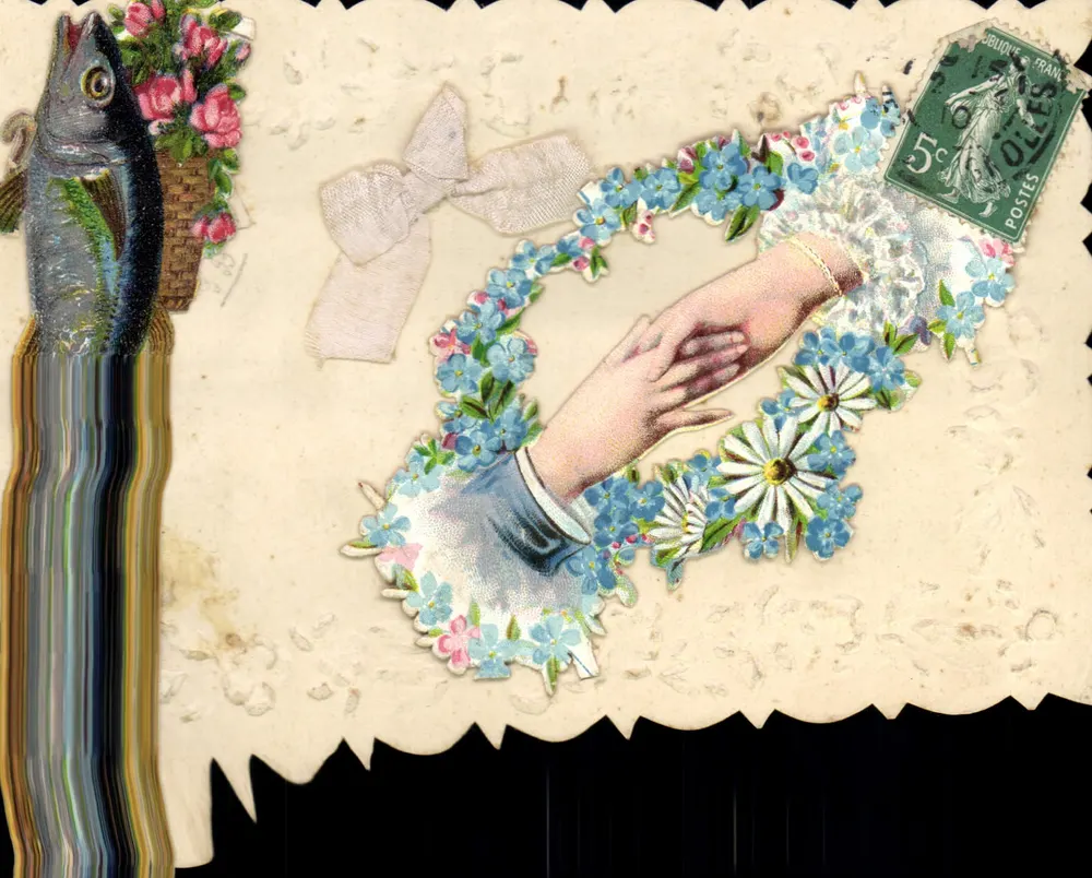 Mão estendida em um quadro floral — editor desconhecido, número de série não visível - Frente