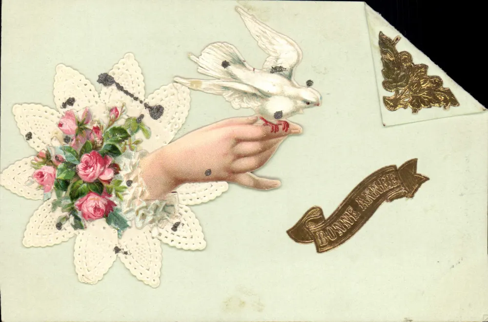 Dove e rose — Buon anno — Cartolina postale decorativa - Recto