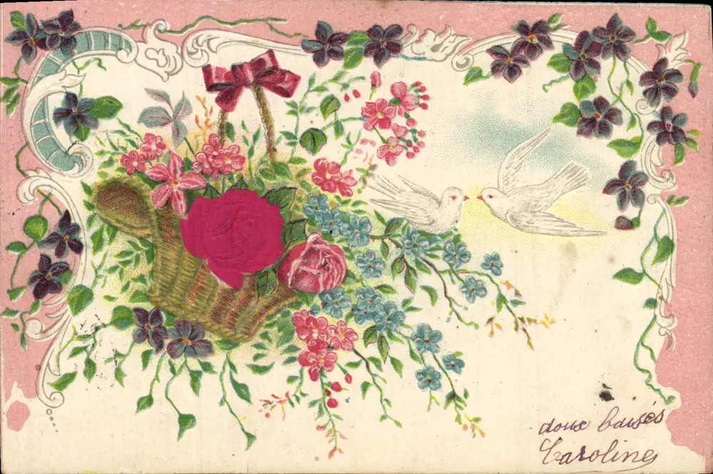Arranjo de flores e pombas — Carta postal multilingue — editor não identificado - Frente