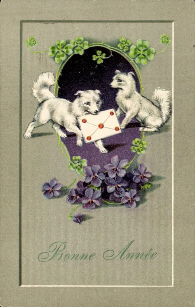 Dois cães brancos com envelope — violetas e trevo — Boa Ano — editor não visível - Frente