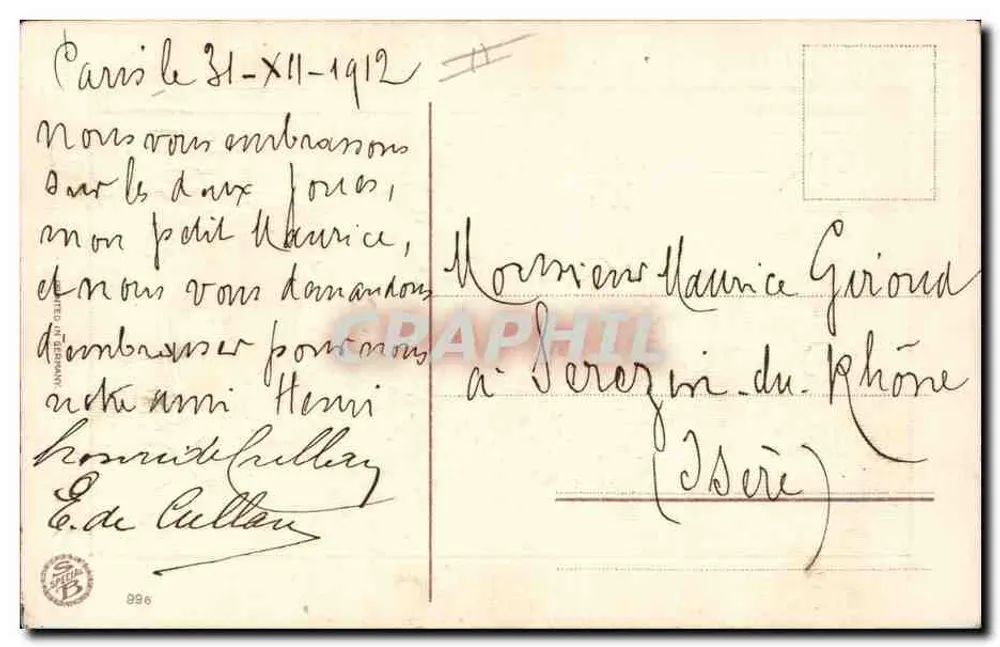 Dois cães brancos com envelope — violetas e trevo — Boa Ano — editor não visível - Verso