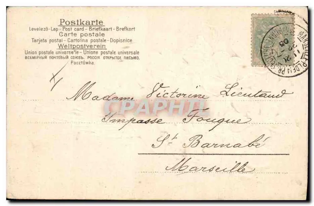 Bouquet de fleurs violettes — carte postale signée F. Reynaud — éditeur F. Reynaud - Verso