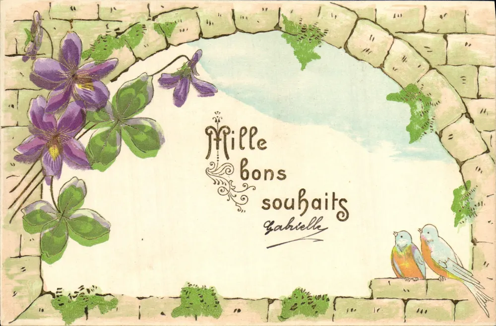 Jardim com violetas e pássaros — Mil bons desejos — Gabrielle - Frente