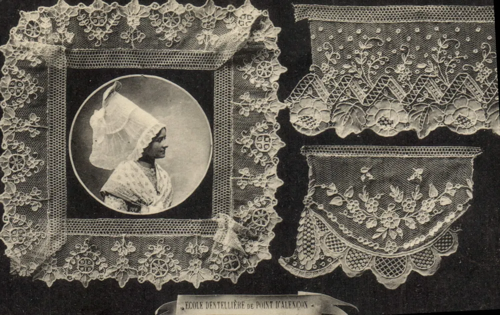 Escola de Renda de Alençon — detalhes da renda e retrato de uma aluna - Frente