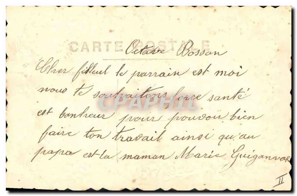 Boa Ano — carta decorada com flores e uma mão segurando um pequeno quadro — editor desconhecido - Verso