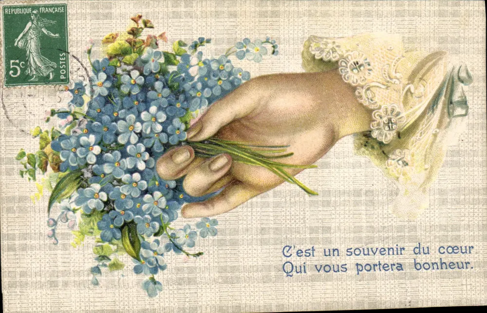 Mão oferecendo um buquê de myosotis — República Francesa 5c — editor não visível - Frente