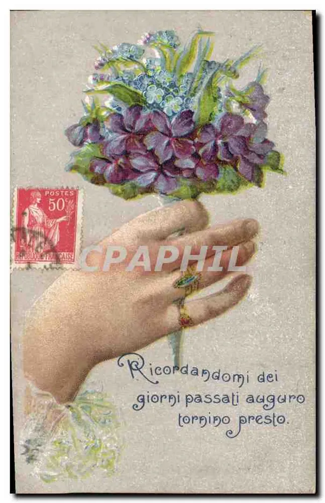 Mão segurando um buquê de flores — editor desconhecido — selo de 50 centavos francês - Frente