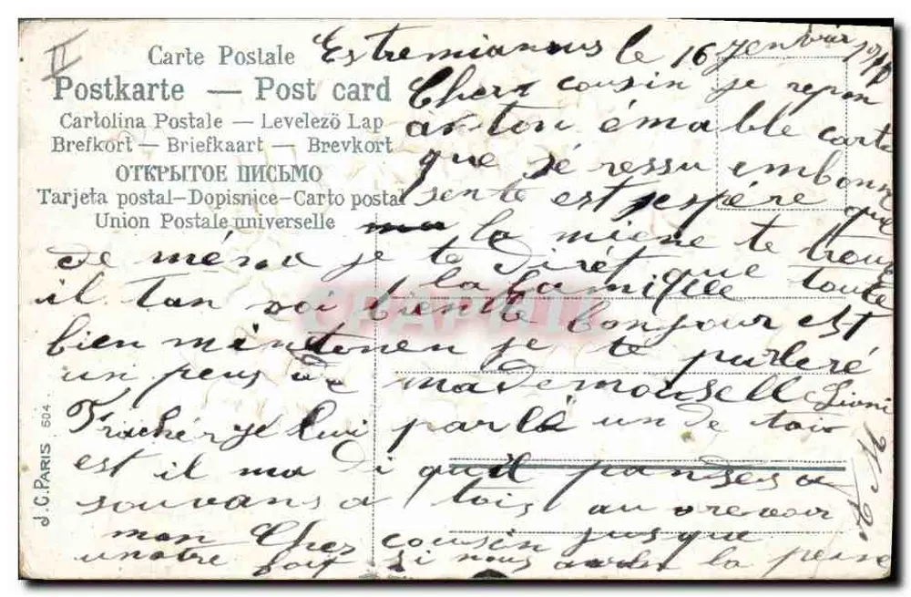 Lêe no meu Coração — Carta postal ilustrada com coroa de violetas - Verso