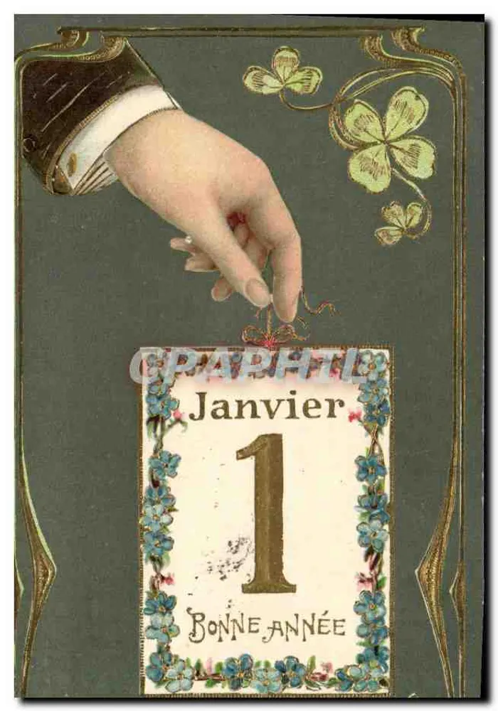 Hand die een kalender van 1 januari aanbiedt — Gelukkig Nieuwjaar — Grijstint - Voorkant