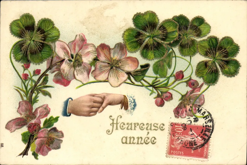 Fleurs et main tendue — 'Heureuse année' — éditeur non visible, n° 88 - Frente