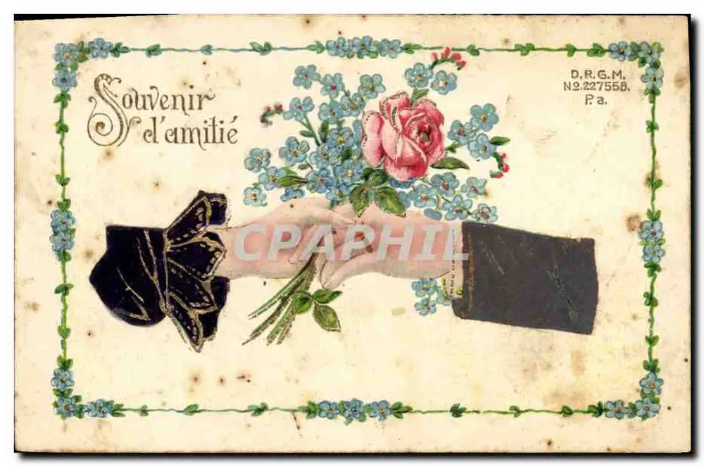 Mão oferecendo um buquê — Lembrança de amizade — D.R.G.M. N°227558, P.a. - Frente