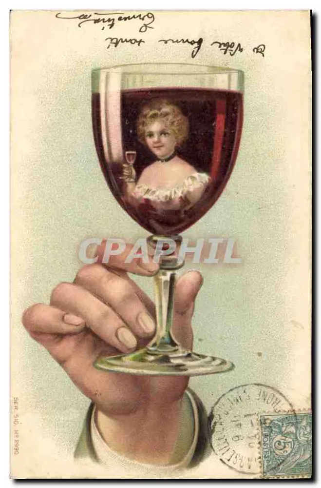 Hand mit einem Glas Rotwein — Spiegelung eines jungen Mädchens — Verlag S.A. R. 510, Nr. 2990 - Vorderseite