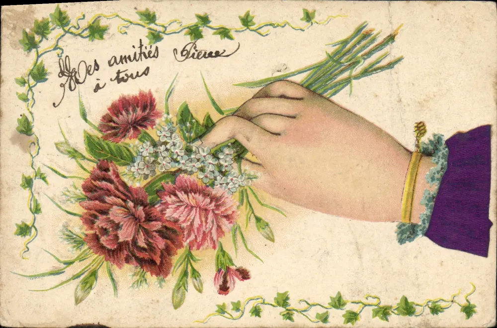 Mão oferecendo um arranjo — Carte postale universelle — União Postal Mundial - Frente