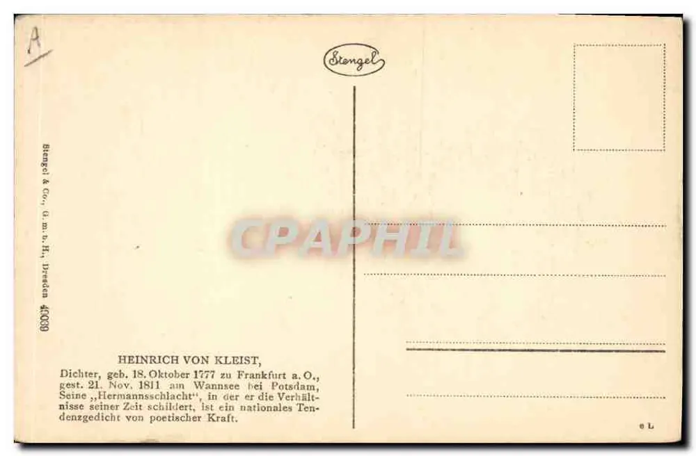 Heinrich von Kleist — Poeta — Stiengel & Co., Dresden 40039 - Verso