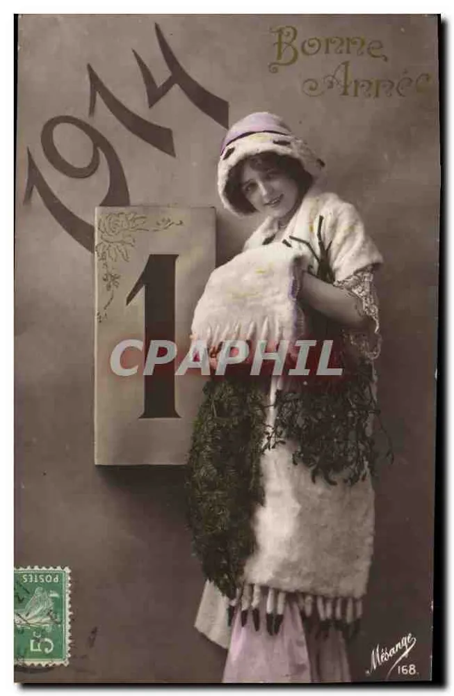 Frau in Pelzjacke mit Tannenzweigen — Frohe Weihnachten 1924 — Mérange 168 - Vorderseite