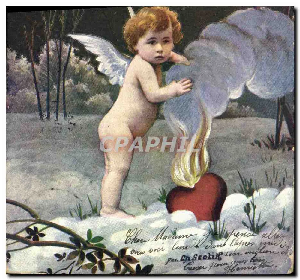 Cupidon in der Schnee — Liebesbrief-Szene — Verlag/Drucker nicht sichtbar - Vorderseite