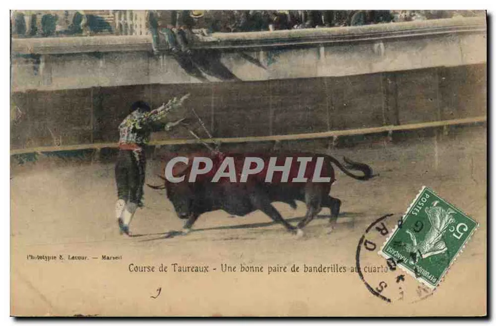 Stierkampf — Eine gute Paar Banderillas im Cuarto — Phototypie E. Lécour, Marseille - Vorderseite