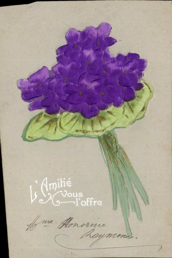 Arranjo de violetas — L'Amilié oferece-lhe — Honoreine Roymons - Frente