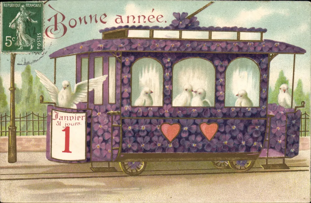 Verzierte Straßenbahn mit Violets — Frohe Neujahr — Verlag nicht sichtbar - Vorderseite