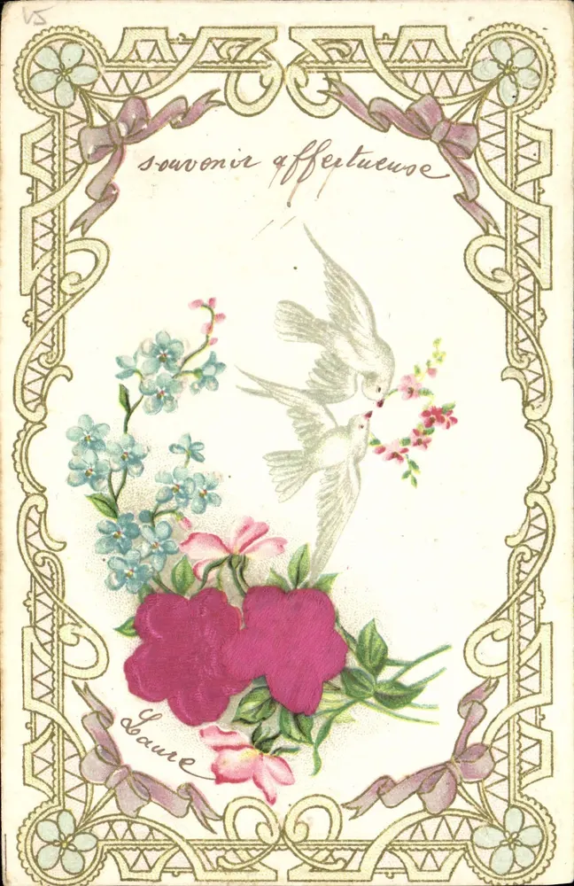 Duas pombas e flores — lembrança afetuosa — Laure - Frente