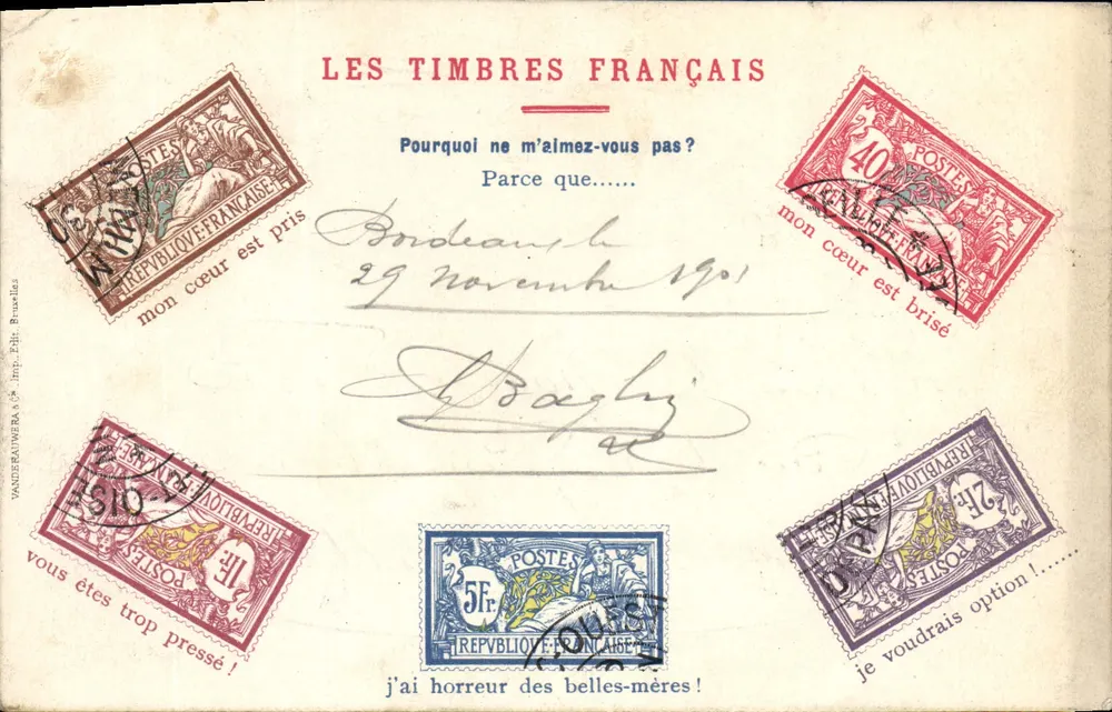 Carte postale humoristique — Les timbres français — éditeur Vanderauwna & Cie, Bruxelles - Vorderseite