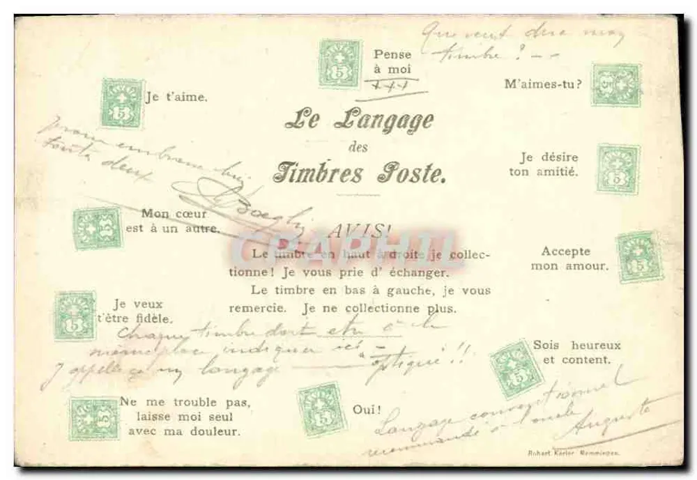 Die Sprache der Briefmarken — Bildkarte mit illustrativen Briefmarken und gedrucktem Text, herausgegeben von 'Le Langage des Timbres Poste'. - Vorderseite