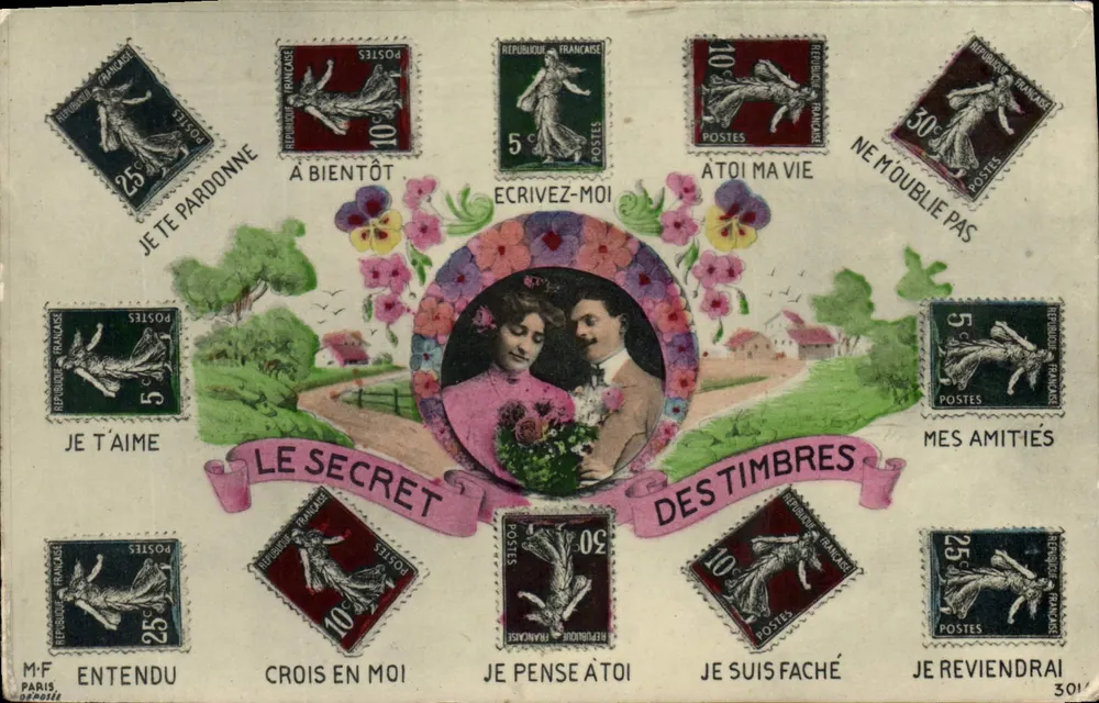 Schmucke Ansichtskarte mit Briefmarken und Liebesbotschaften — M-F, Paris, veröffentlicht von M-F - Vorderseite