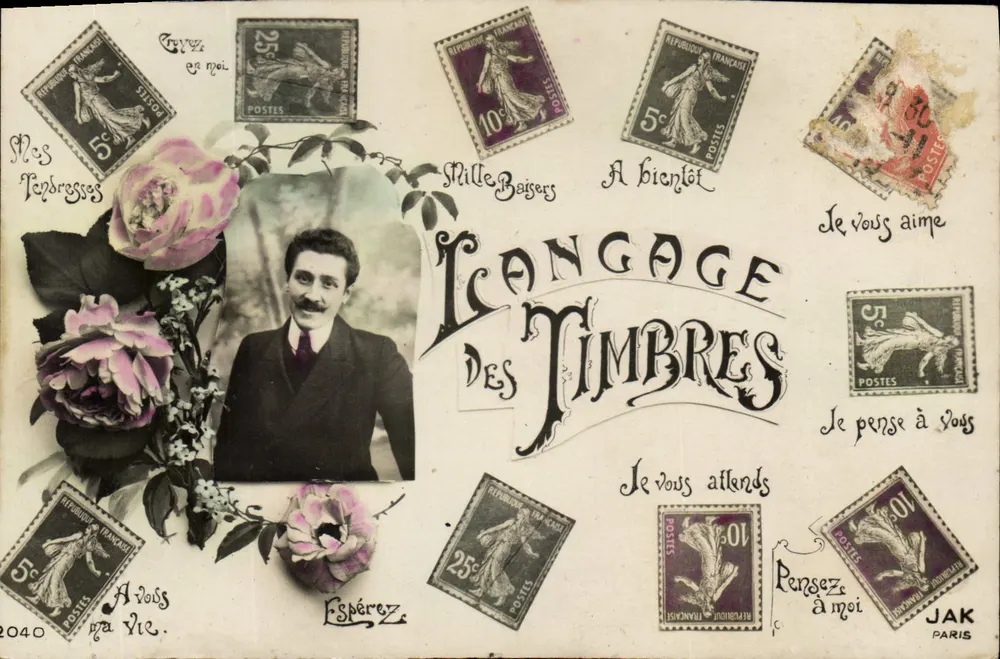 Sprache der Briefmarken — Dekorierte Karte mit Briefmarken und Foto — JAK PARIS - Vorderseite
