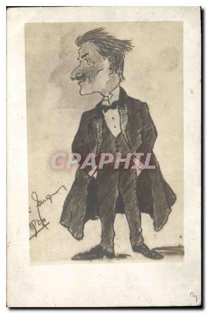 Caricatura de um homem de terno — desenho assinado 'G. Jaquin' — Photo-Yann, Aix-les-Bains - Frente