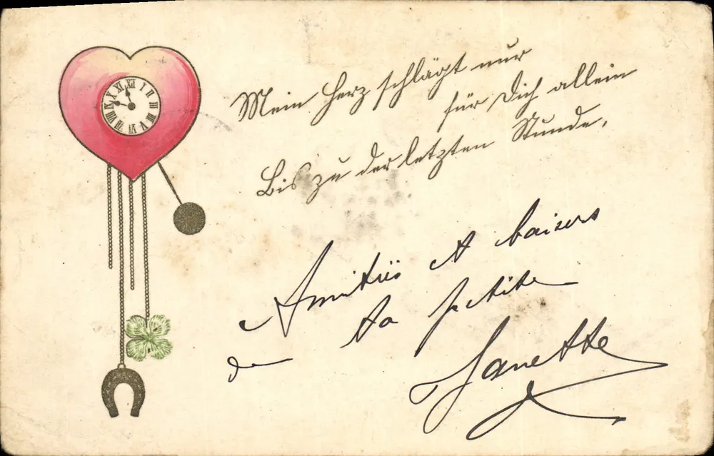 Herzformige Uhr — Illustration mit vier Kleeblättern und Reiterhufeisen — Verlag 'Carte postale. Postkarte. Post card Levelezö-Lap.' - Vorderseite