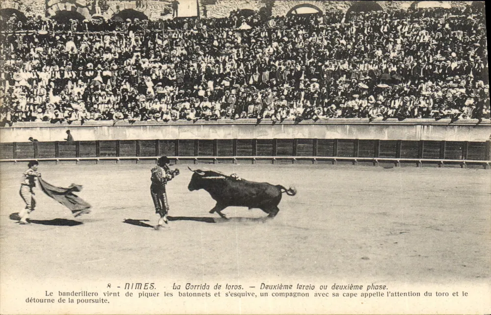 Nîmes — A Corrida de touros — Segundo tercio ou segunda fase. Editor Charles Bernheim, Nîmes. - Frente