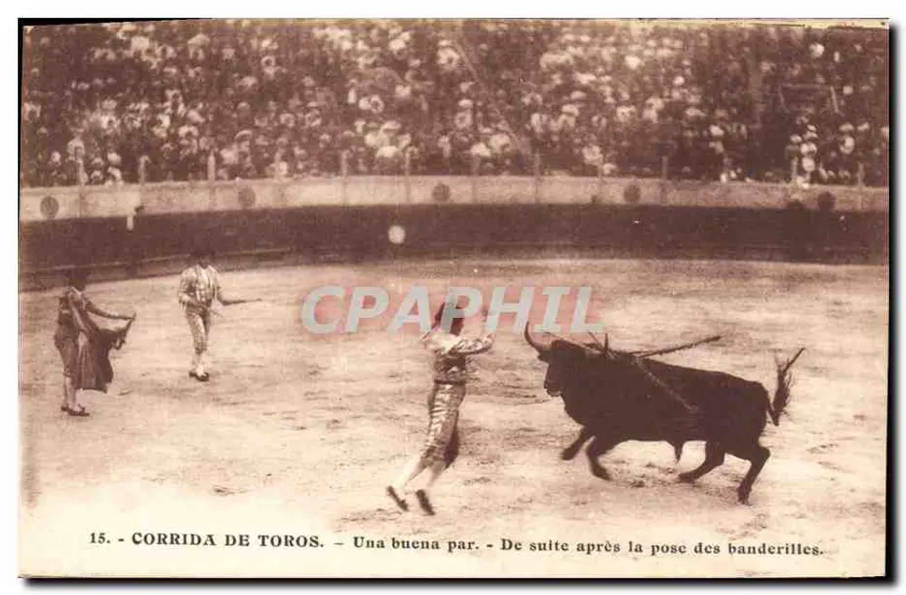 Corrida de touros — Uma buena par — De seguida após a colocação das banderilhas — Union Universal de Correos - Frente
