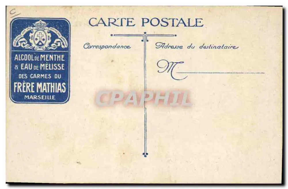 Im Krieg – belgische Maschinengewehre – Minzspiritus und Melissenwasser der Carmeliten des Bruders Mathias, Marseille - Rückseite