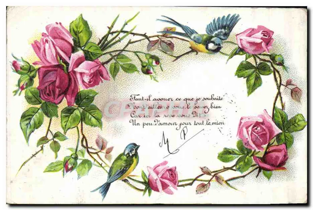Roses et oiseaux — cadre floral avec texte imprimé et signature M.P. — éditeur 'CARTE POSTALE' (verso) — série 740 - Frente