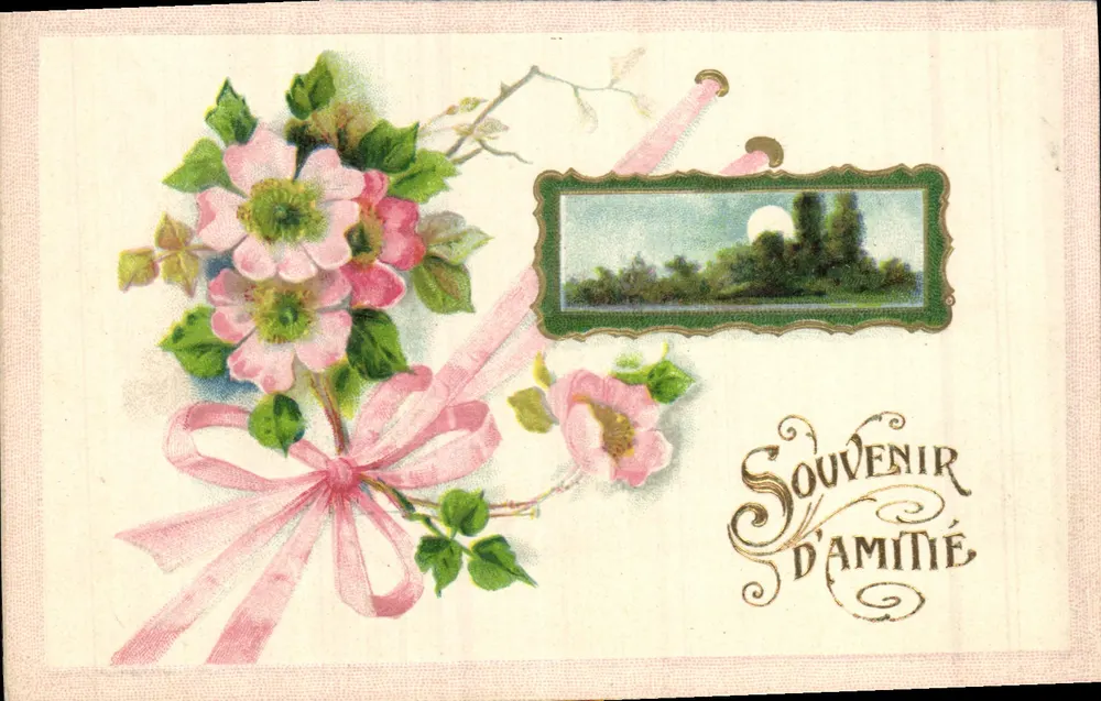 Bouquet de fleurs roses — Souvenir d'amitié — éditeur non visible - Awers