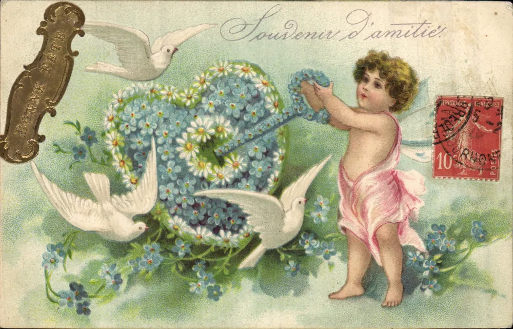 Cupidon, der ein Blumenherz anbietet — Erinnerung an Freundschaft — unbekannter Verlag, Seriennummer nicht sichtbar - Vorderseite