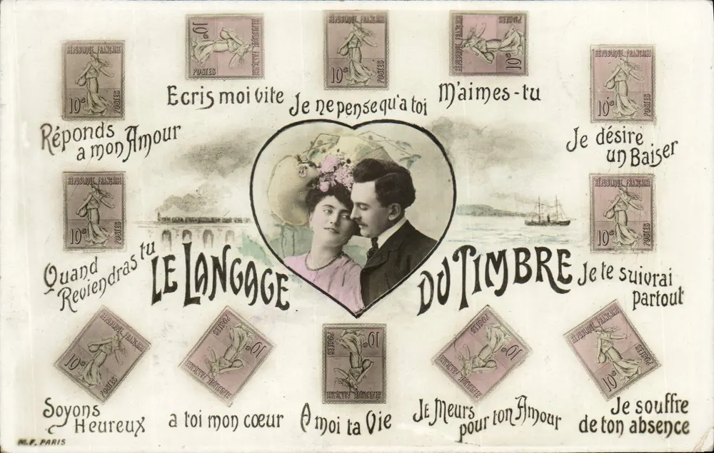 Liebe — Dekorierte Karte mit Briefmarken und Liebesversen — M.F. PARIS - Vorderseite