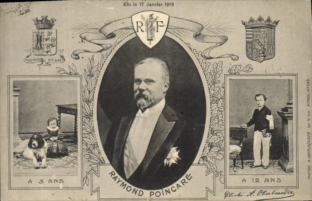 Raymond Poincaré — retrato adulto entre duas fotos de infância — Fotog. A. Oberlaender - Frente