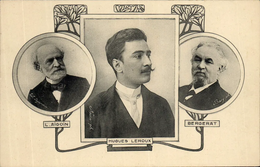 Hugues Leroux — retrato central com L. Aigoin e Bergerat — editor Les Annales Politiques et Littéraires - Frente