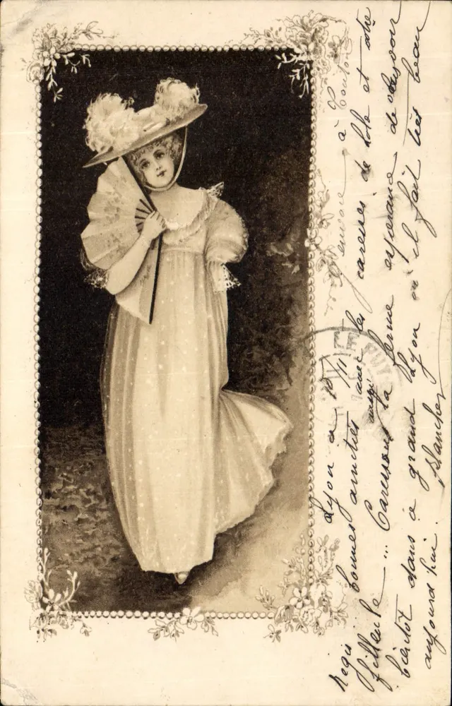 Jeune fille en robe à pois et chapeau orné — scène de jardin — éditeur anonyme - Vorderseite